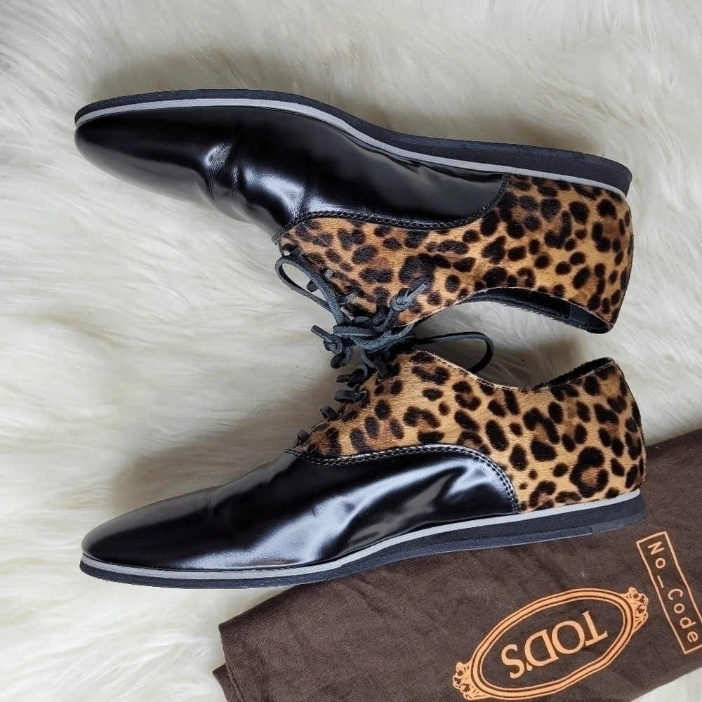 Tod's Leather Calf Hair Leopard Oxford Shoes - Picture 8 of 15
